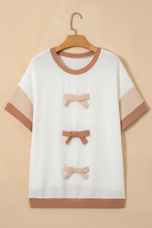 Plus Size Colorblock Bow Tie Corded Knit Top