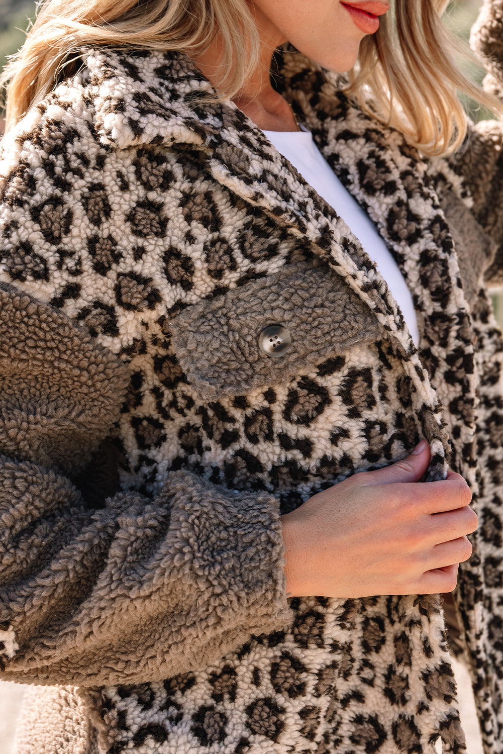 Leopard Sherpa Patchwork Flap Pocket Buttoned Jacket