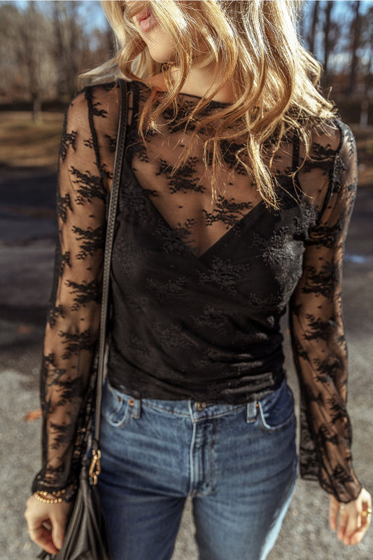 Lace Mesh Crochet Long Sleeve Blouse