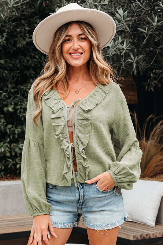 Solid Tie Front V-Neck Ruffle Trim Blouse