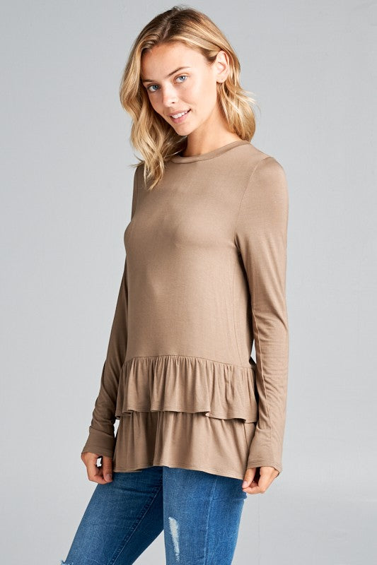 RUFFLE BOTTOM LONG SLEEVE ROUND NECK TUNIC TOP