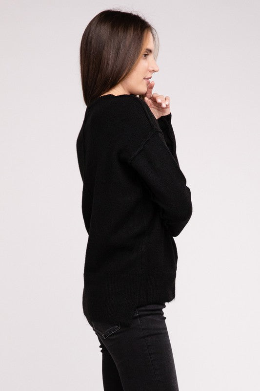 MELANGE HI-LOW HEM ROUND NECK SWEATER