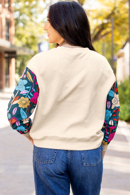 Floral Sleeve Textured Knit Drop Shoulder Top