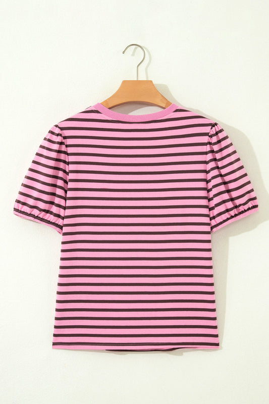 Stripe Ribbed Trim V-Neck Puff Sleeve Top