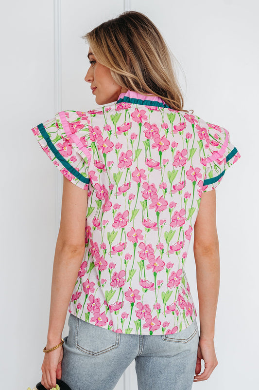 Floral Contrast Trim V-Neck Ruffle Short Sleeve Blouse