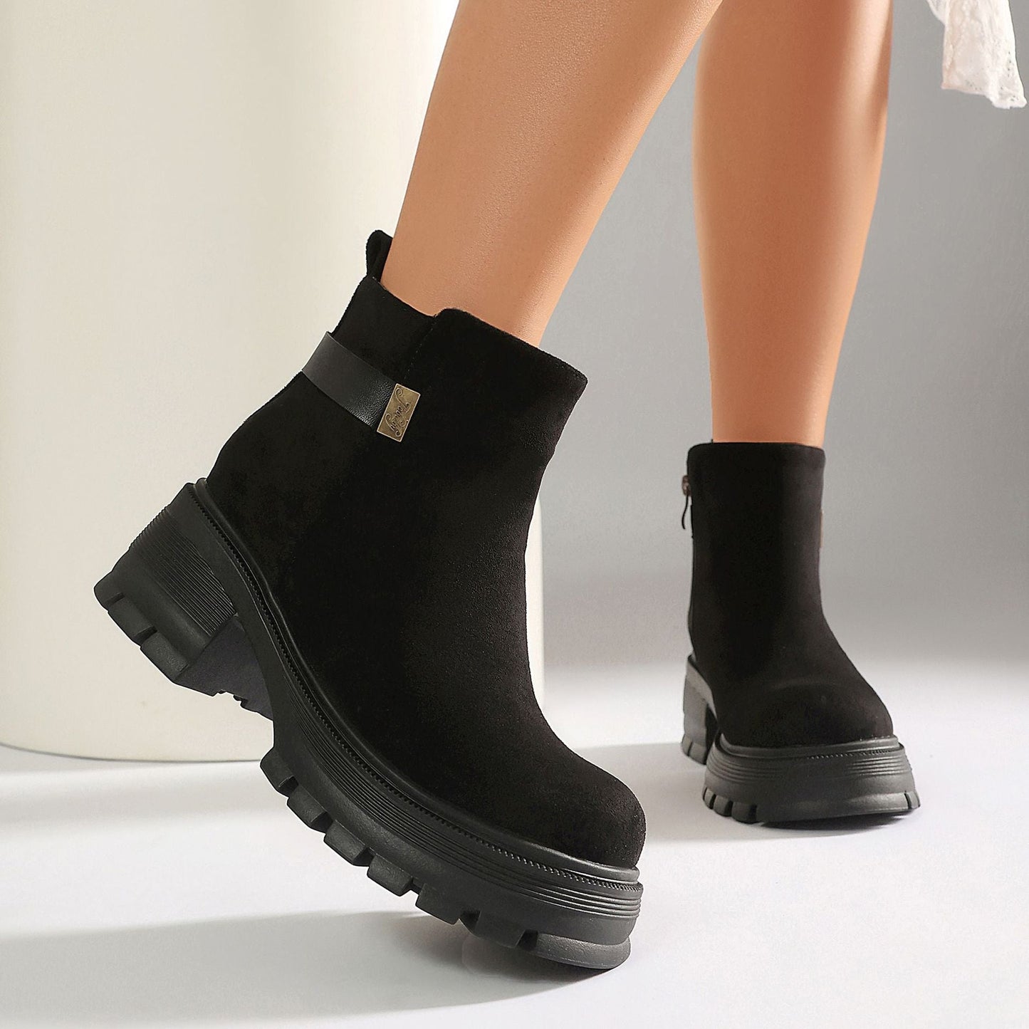 Women's Chunky Platform Ankle Boots – Block Heel Faux Suede & PU Side Zip