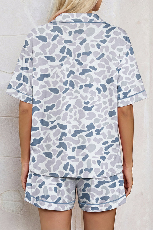 Camo Lapel Shirt & Drawstring Shorts Pajama Set