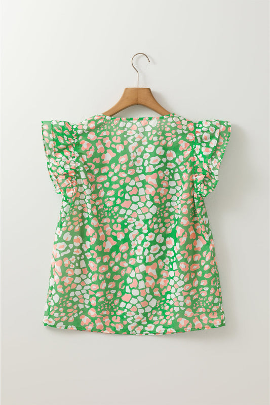 Abstract Leopard Tie Front Flutter Sleeve Blouse