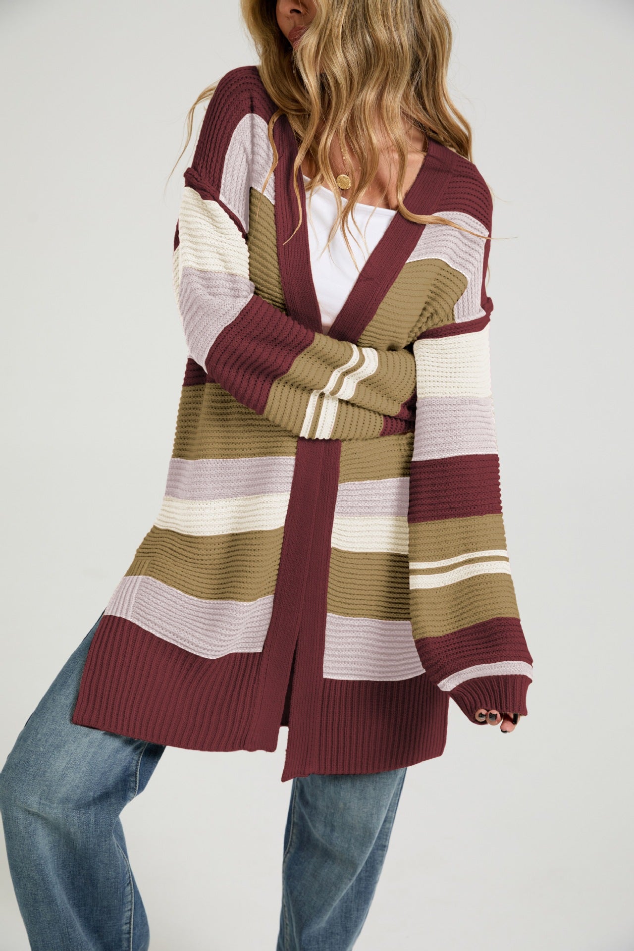 Women's Color-Block Striped Knit Cardigan Coat