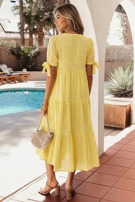 Gingham Textured Bow Tie Tiered Midi Dress