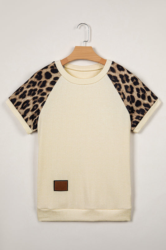 Leopard Colorblock Ribbed Raglan Short Sleeve Tee
