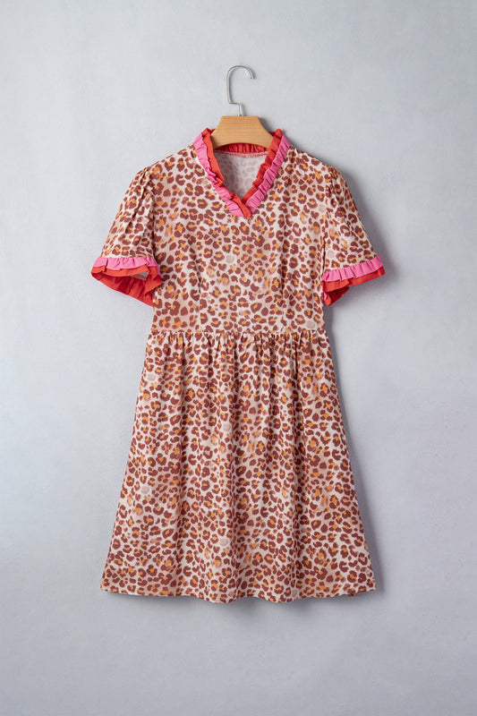 Leopard Colorblock Ruffle Short Sleeve Dress