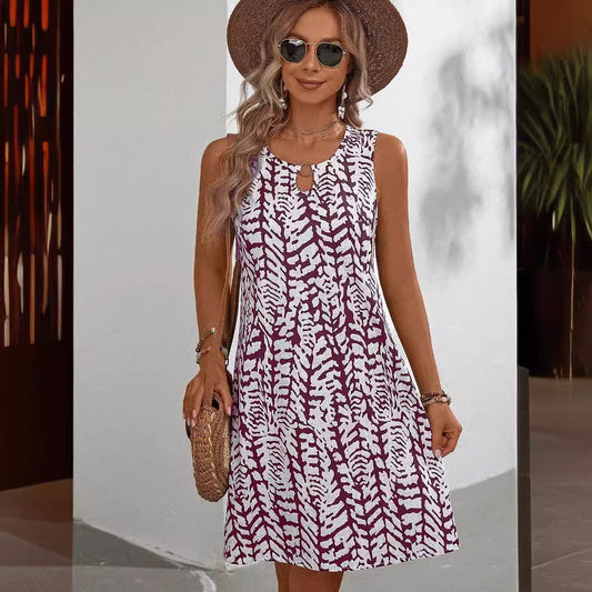 Floral Print U-Neck Sleeveless Midi Dress – Ring Detail Summer Style
