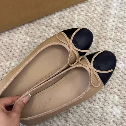 Women's Two-Tone Cap Toe Ballet Flats with Bow – Slip-On Hidden Platform