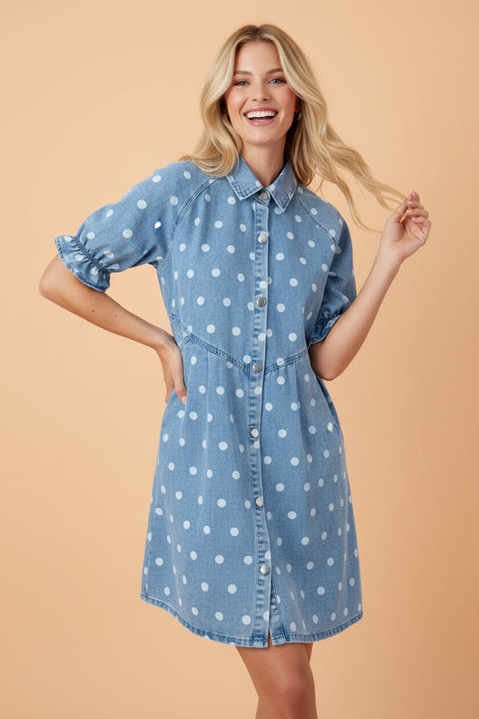 Polka Dot Denim Puff Sleeve Buttoned Dress
