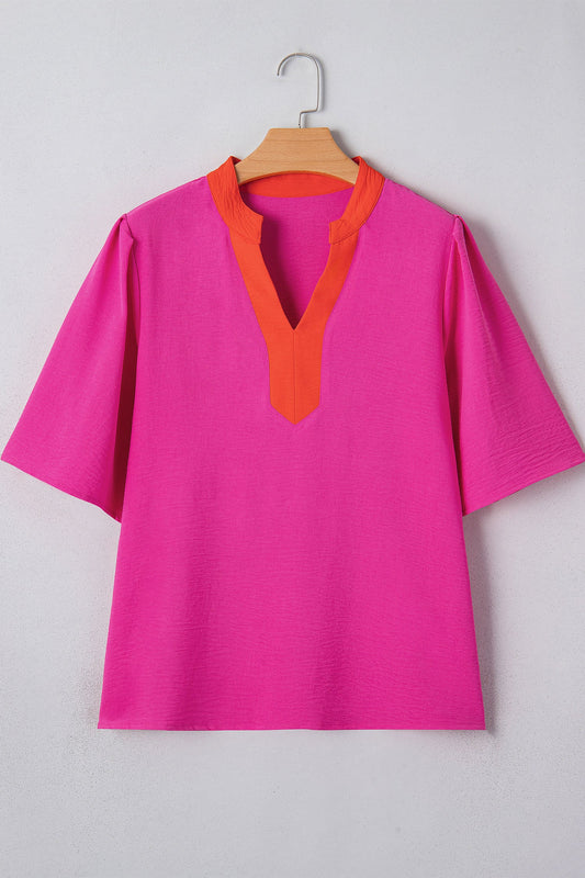 Colorblock Contrast V-Neck Wide Short Sleeve Top