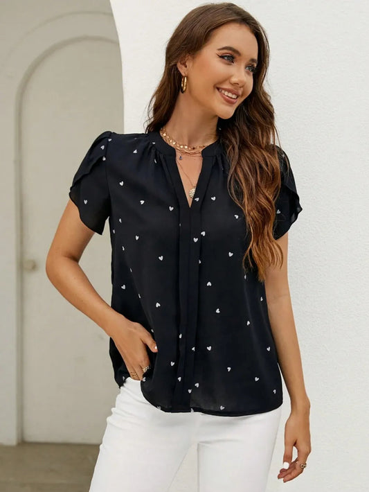 Women's V-Neck Heart Print Blouse – Petal Sleeve Pleated Front Elegant Top
