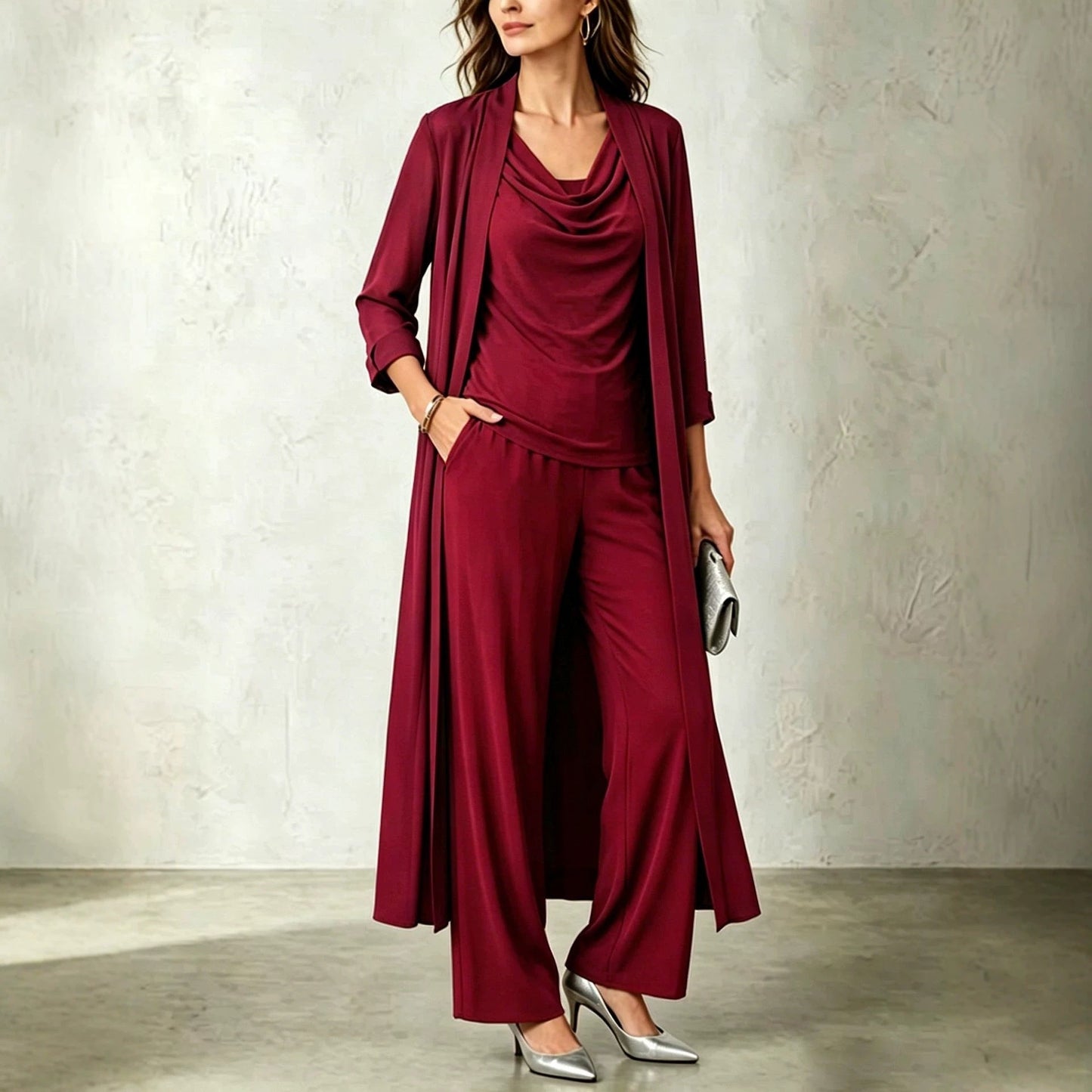 Long Sleeve Swing Collar Cardigan & Wide-Leg Pants Three-Piece Set