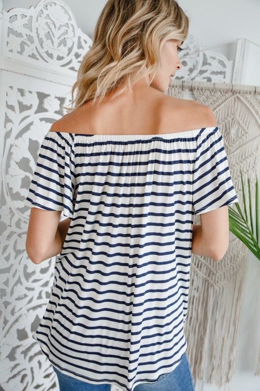 STRIPE OFF SHOULDER BUTTON DOWN TOP