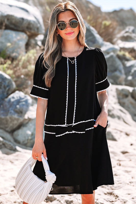Birdie Scallop Trim Bow Detail Half Sleeve Dress