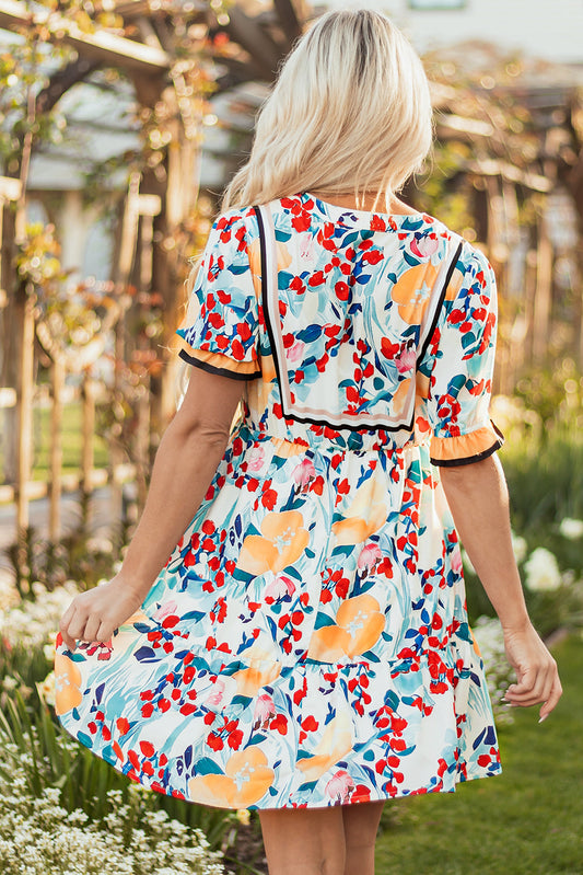 Laylani Floral Zipper Ruffled Short Sleeve High Waist Mini Dress