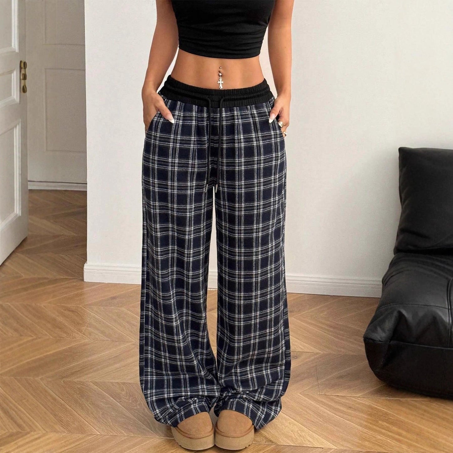 High Waist Plaid Straight Leg Sweatpants – Loose Fit Casual Pants