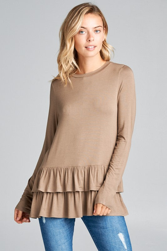 RUFFLE BOTTOM LONG SLEEVE ROUND NECK TUNIC TOP