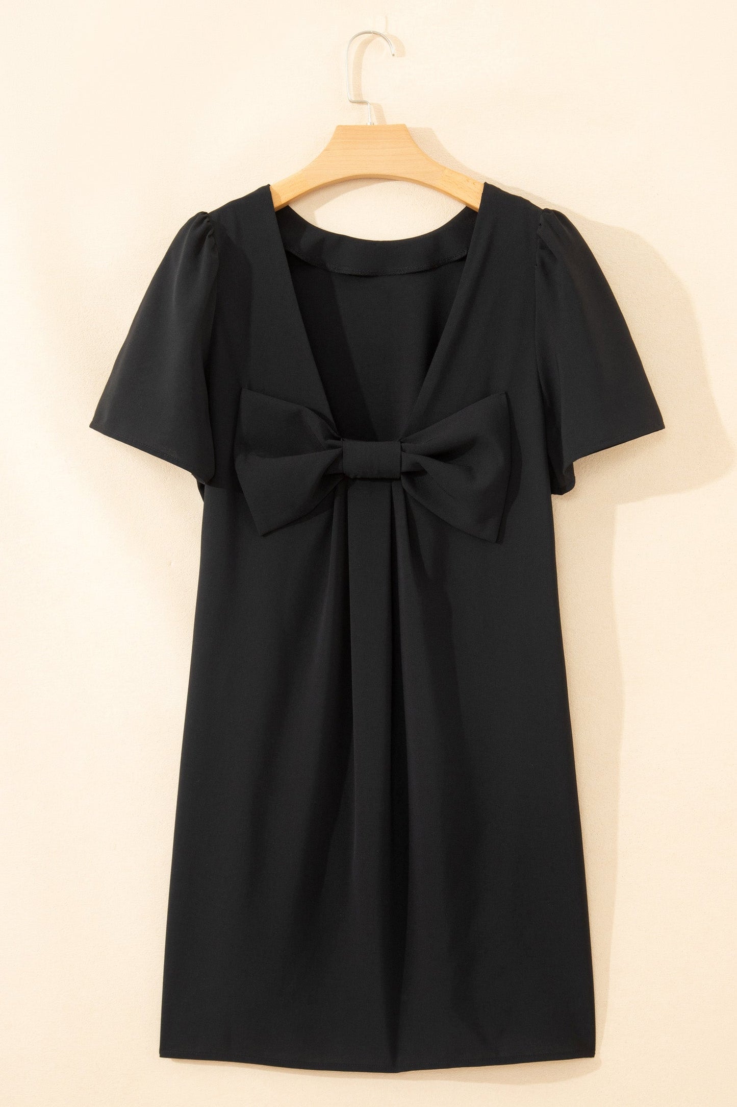 Solid Backless Bow Tie Short Sleeve Mini Dress