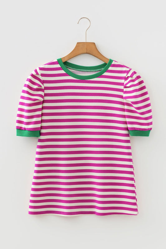 Kimberly Stripe Short Puff Sleeve Contrast Trim Round Neck Tee