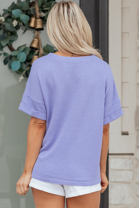 Solid Waffle Knit V-Neck Short Sleeve Top