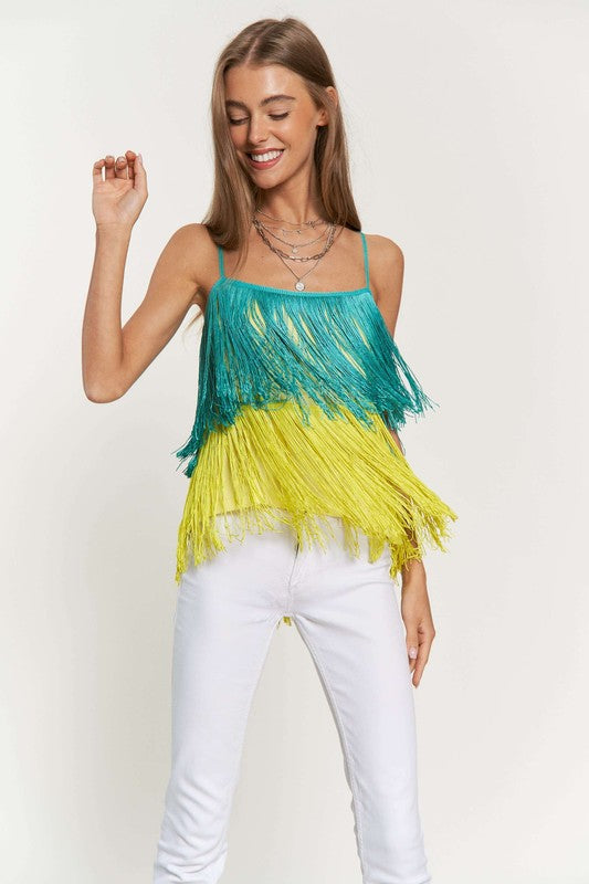 Fringe Overlay Cross Straps Party Cami Top