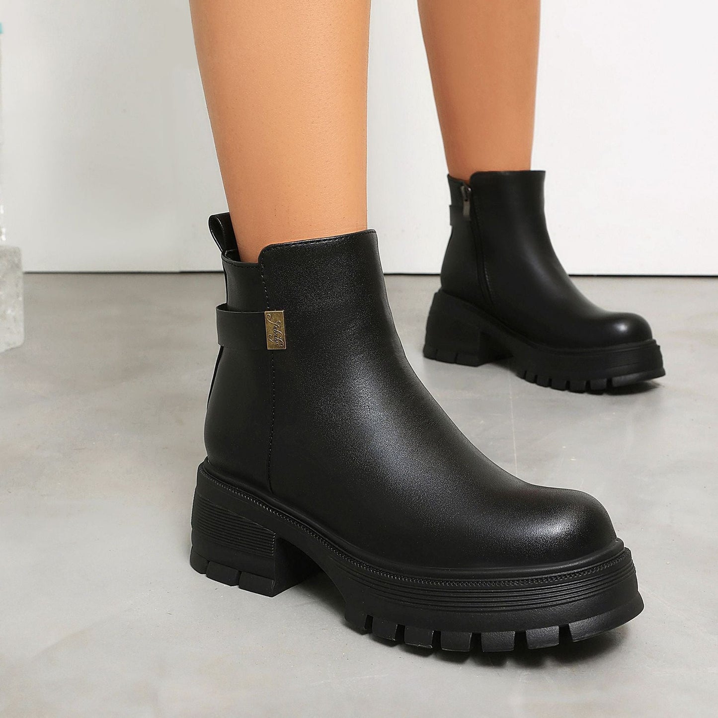 Women's Chunky Platform Ankle Boots – Block Heel Faux Suede & PU Side Zip