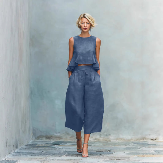 Women’s Linen-Blend Sleeveless Two Piece Set with Ruffled Detailing