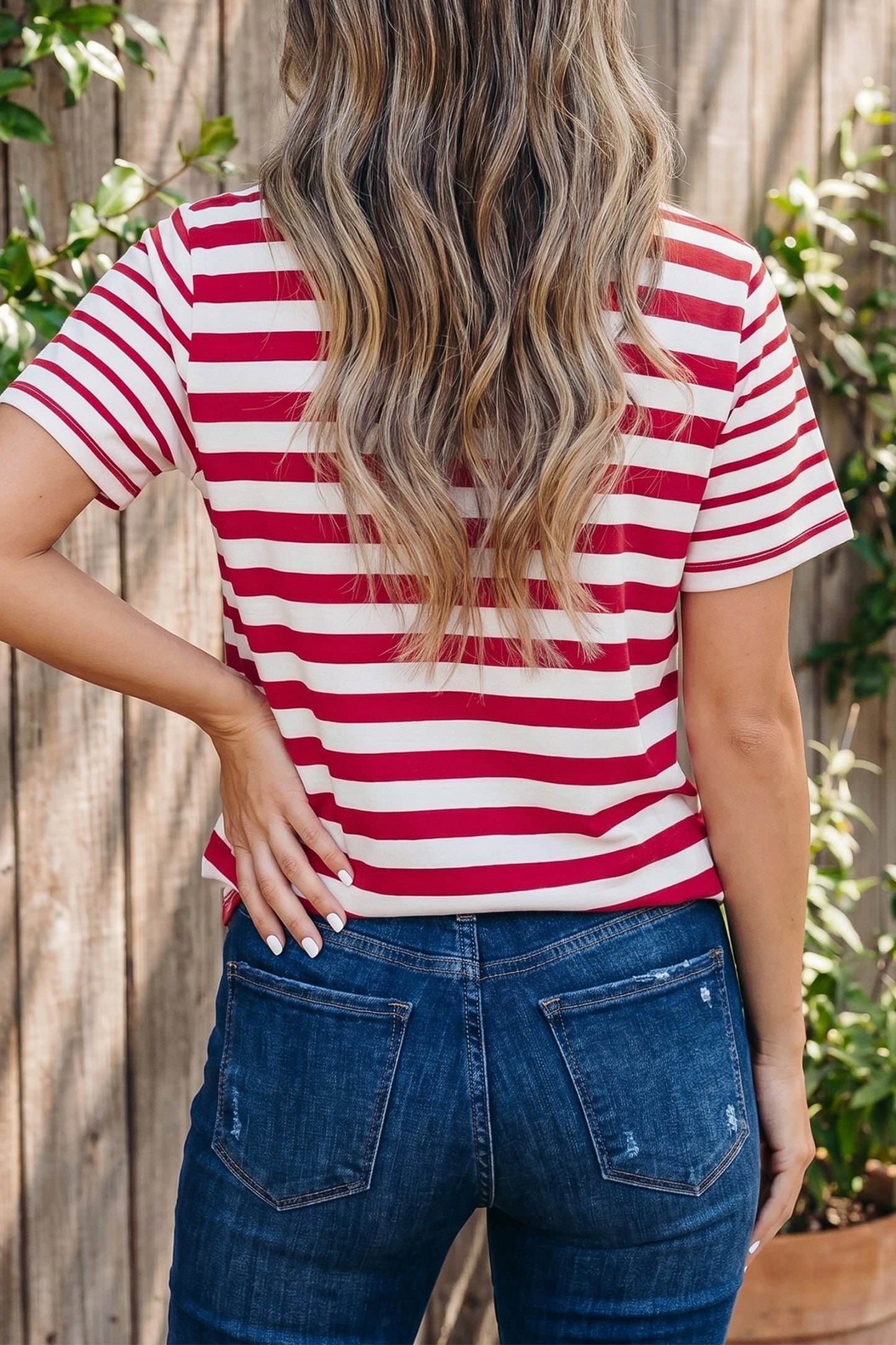 Stripe Patchwork Round Neck Short Sleeve T-Shirt
