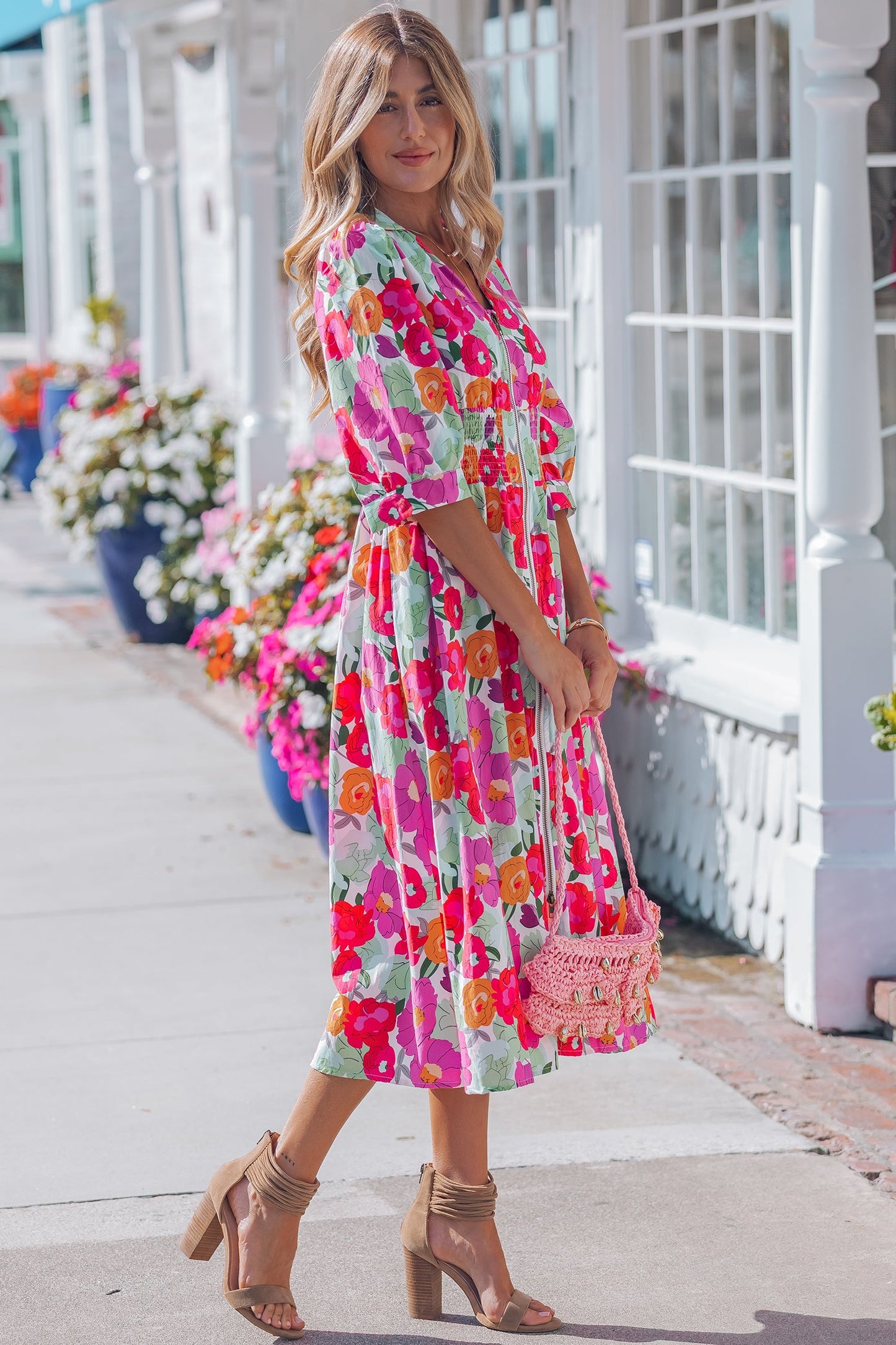 Floral Zip-Up V-Neck Short Puff Sleeve Dress