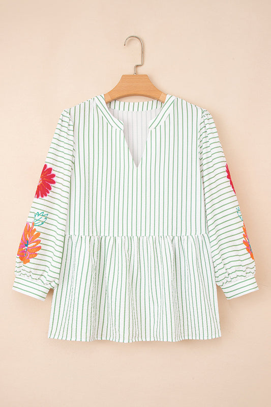 Ashley Stripe Flower Puff Sleeve V Neck Babydoll Blouse