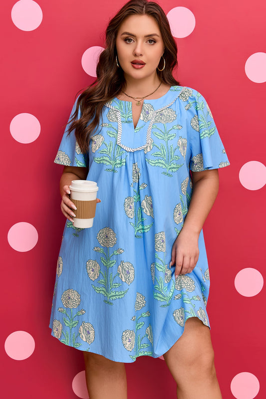 Plus Size Floral Stripe Contrast Short Sleeve Mini Dress