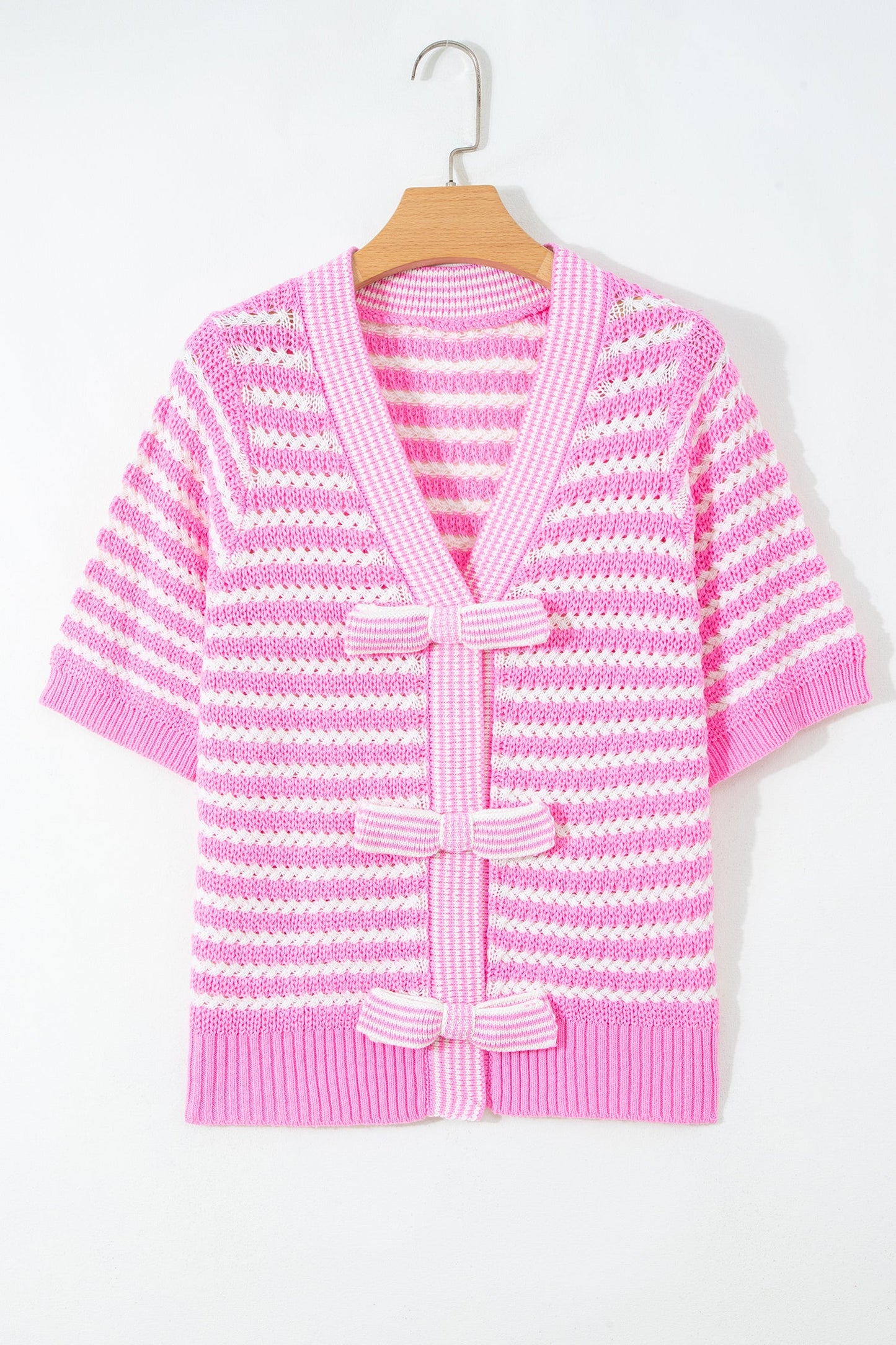 Stripe Bow Tie V-Neck Short Sleeve Sweater