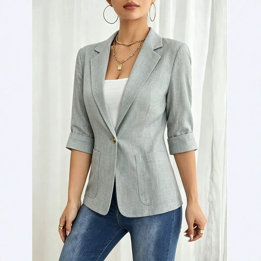 Women's Single Button Notch Lapel 3/4 Sleeve Blazer Jacket
