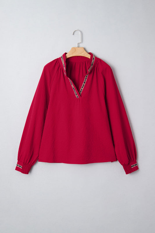 Leopard Contrast Trim V-Neck Long Sleeve Blouse