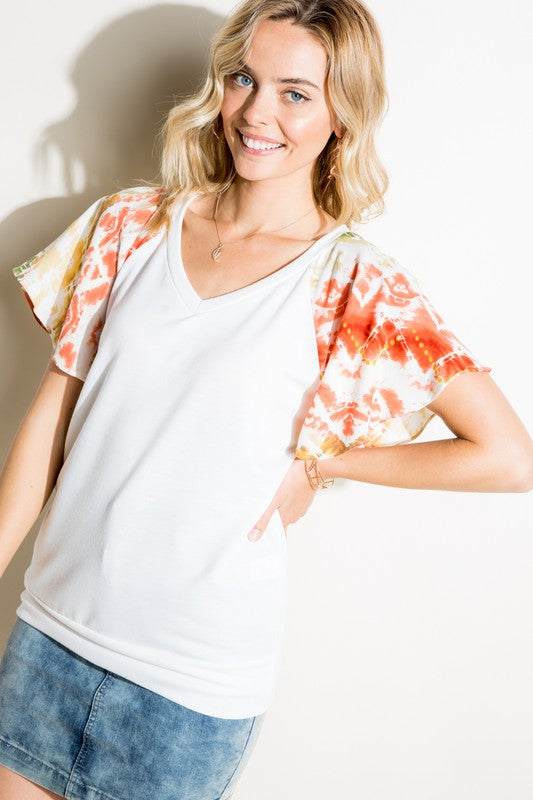 V NECK SHORT FLAIR SLEEVE TOP