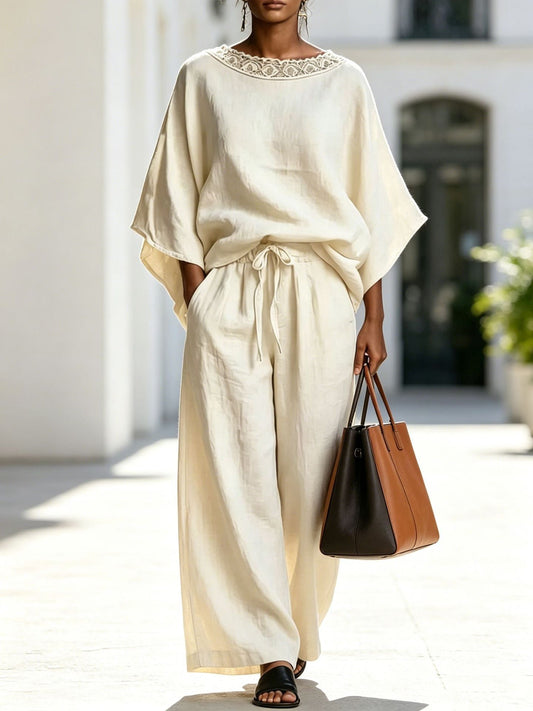 Women's Lace Trim Batwing Top & Wide-Leg Pants Two-Piece Set