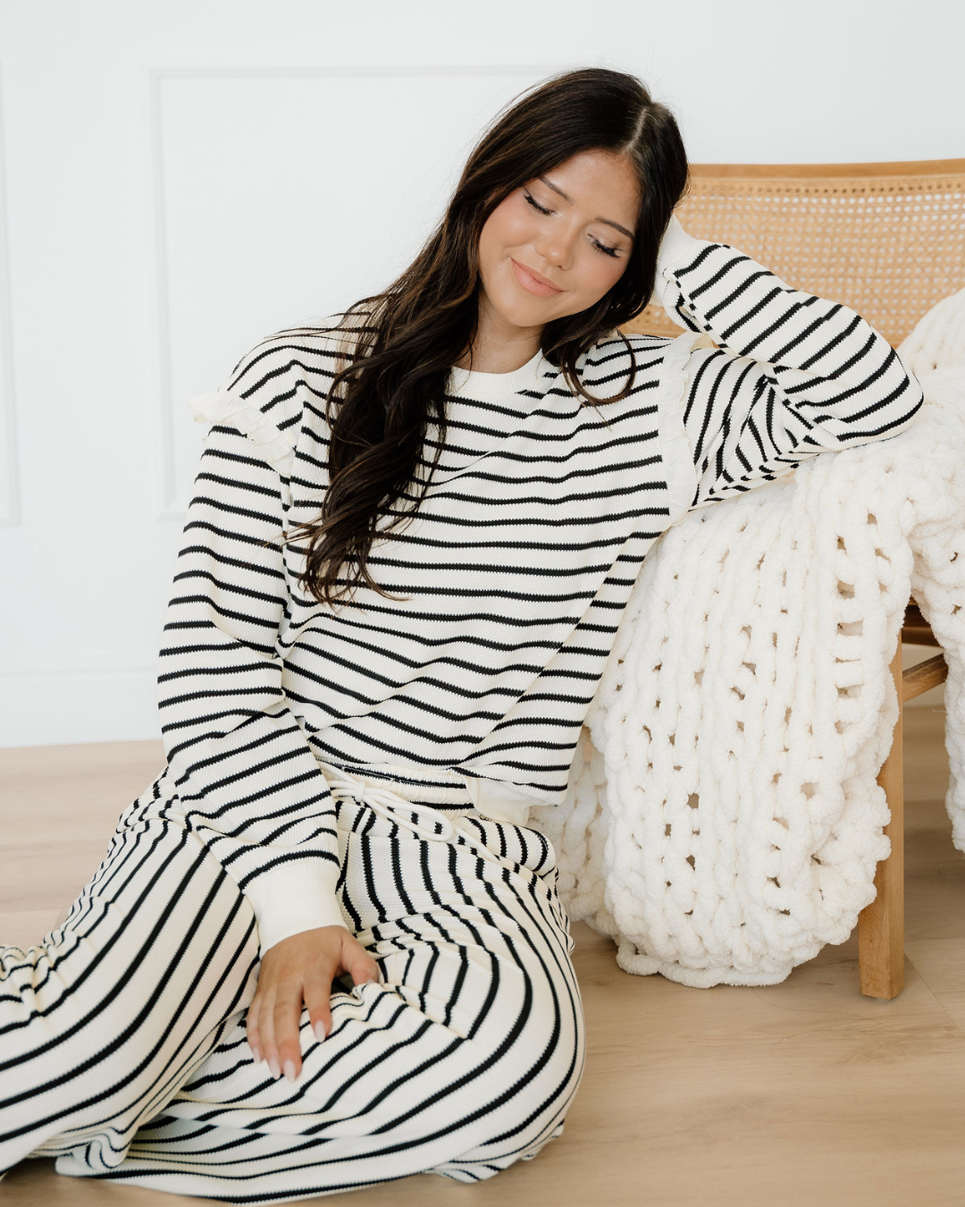 Talia Stripe Ruffle Trim Drop Shoulder Top Drawstring Loose Pant Set