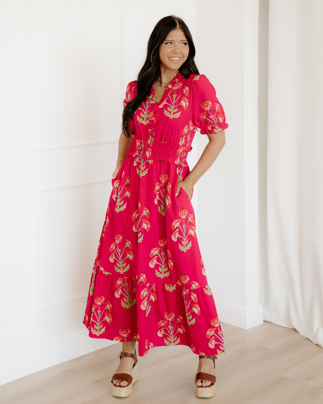 Neve Red Floral Maxi Dress | Ruffle V Neck Dress