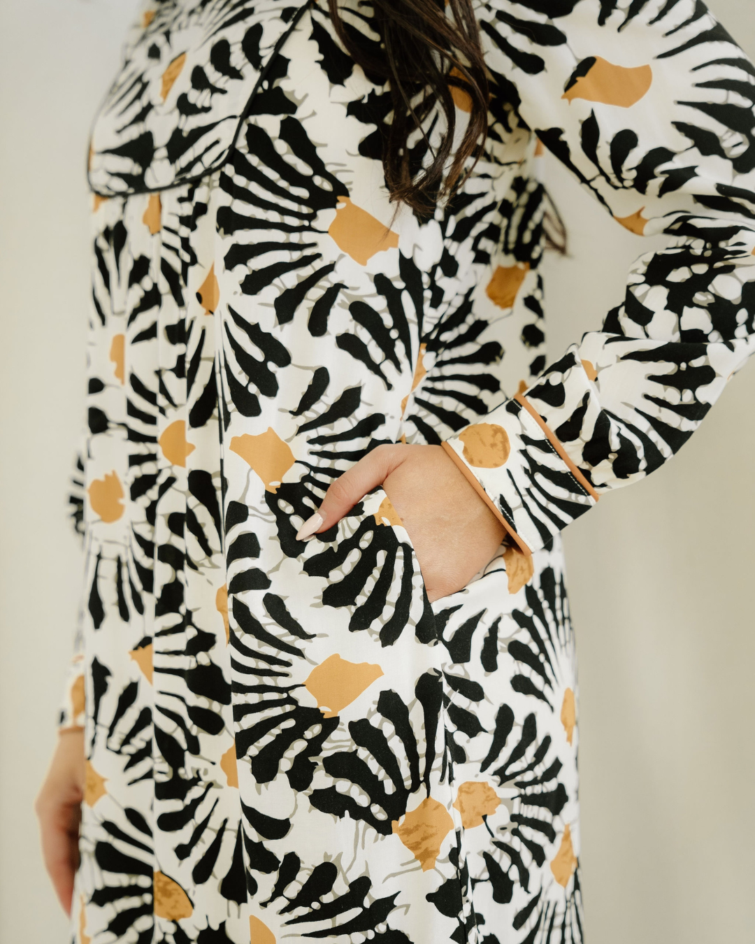 Lucille Abstract Floral Print Split V Neck Long Dress with Sleeves