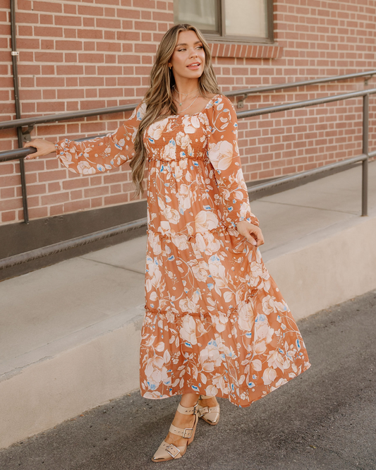Felicity Shirred Square Neck High Waist Maxi Dress
