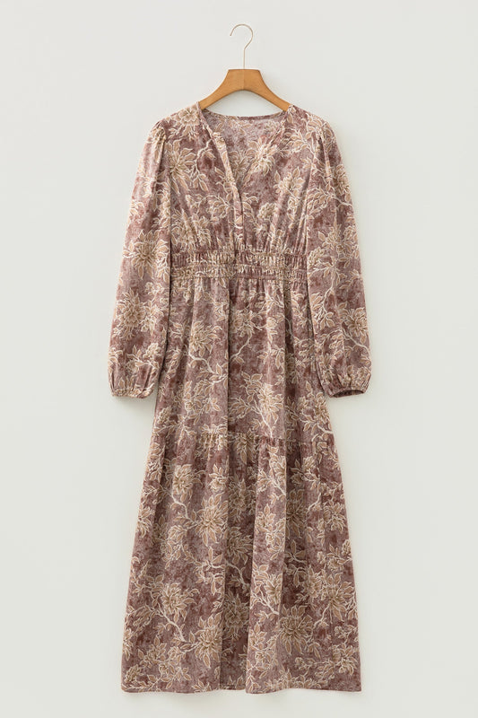Floral Smocked High Waist Long Sleeve Dress