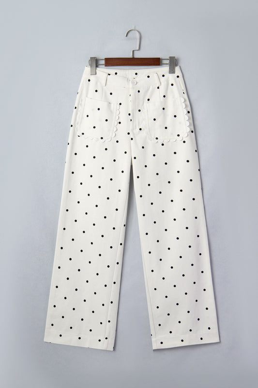 Polka Dot Denim Scalloped Patch Pocket Pants