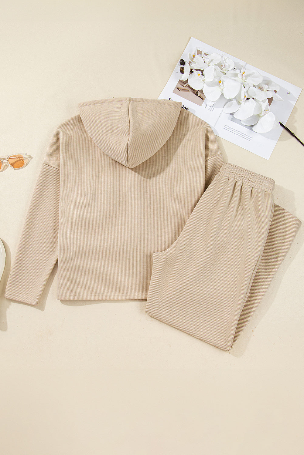 Solid Corduroy Lace Hoodie and Pants Set