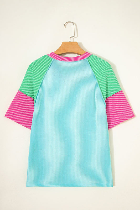Colorblock Corded Knit Raglan Short Sleeve Tee